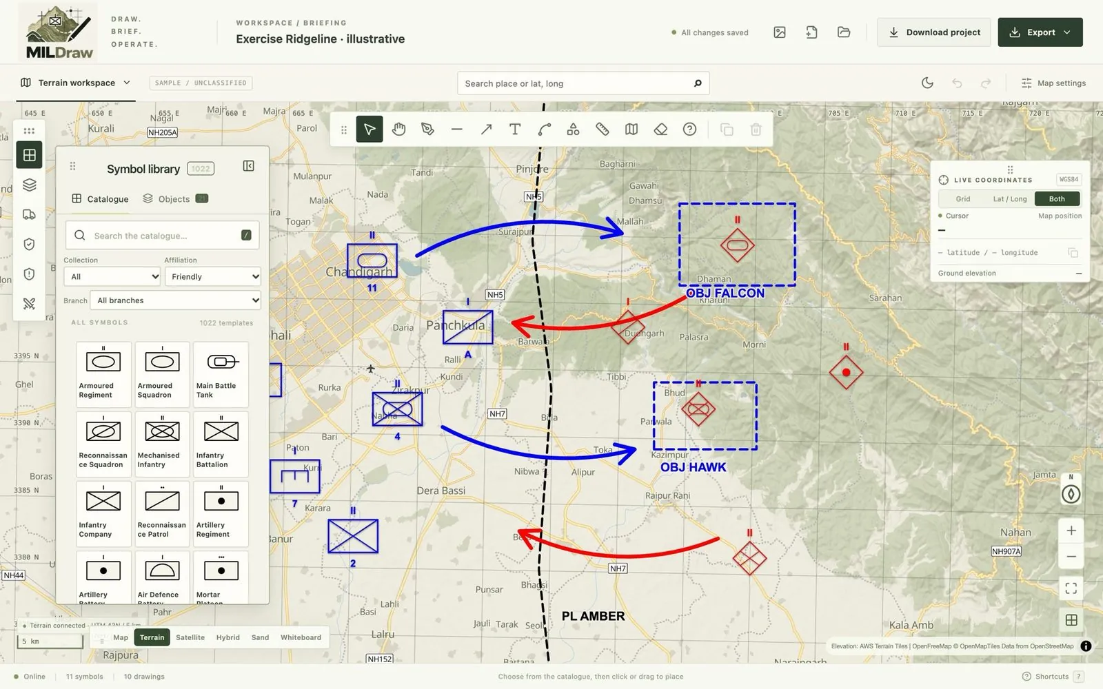 MILDraw terrain view with the symbol library open
